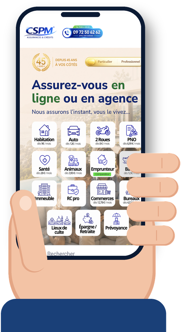 Le site assurances-enligne.fr de CSPM sur un téléphone : habitation, auto, 2 roues, santé, emprunteur, bateau, immeuble, RC pro…